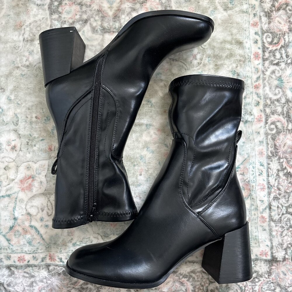 Topshop pleather black ankle boots with 2.75" heel and a round toe